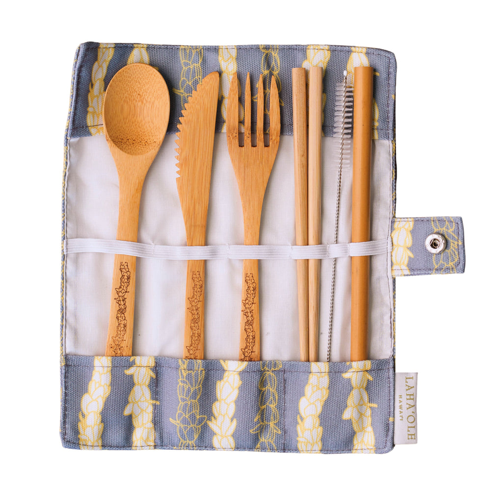 Pīkake Lei Bamboo Cutlery Set - Hinahina/Gray
